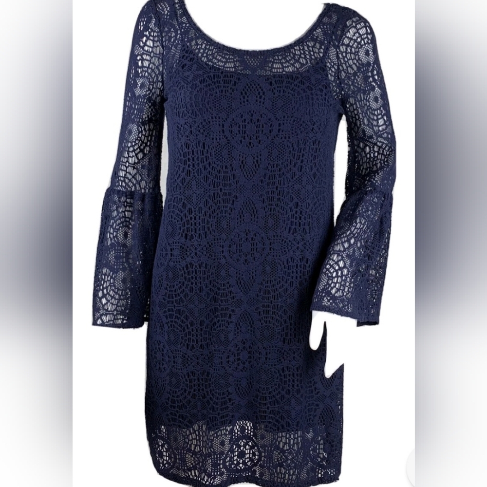 NWT American Eagle Lace Sheath Dress Womans Size Large Bell Sleeve Navy Blue